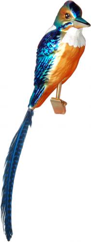 Blau/Orange 15cm Eisvogel aus Glas auf Clip mit blauer Schwanz-Feder mundgeblasen und handdekoriert