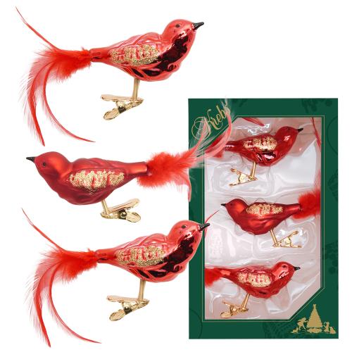 Weihnachtsrot/Satinrot 11cm Glasvgel auf Clip, handekoriert mit Federschwanz