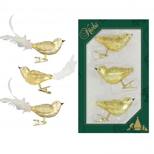 Gold glanz/Satingold 11cm Glasvögel auf Clip mundgeblasen, handekoriert mit 5cm Federschwanz