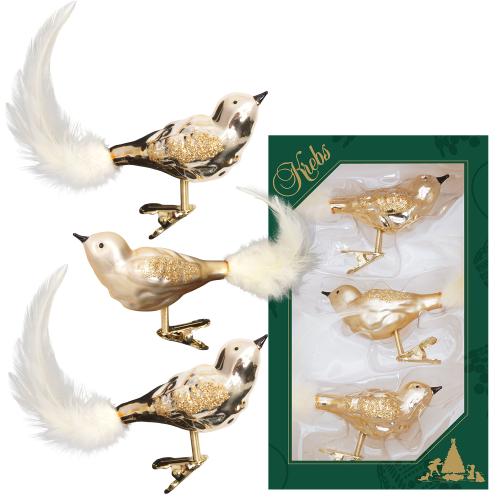 Gold glanz/Satingold 11cm Glasvgel auf Clip mundgeblasen, handekoriert mit Federschwanz