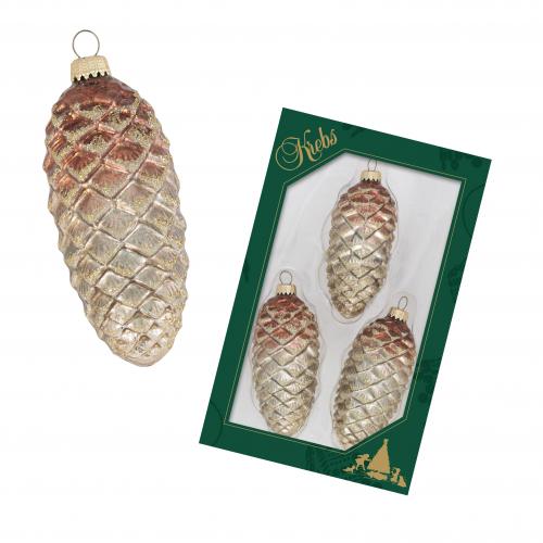 Zinn-Braune 10cm Glastannenzapfen mit Schuppendeko und Glitter, mundgeblasen und handdekoriert