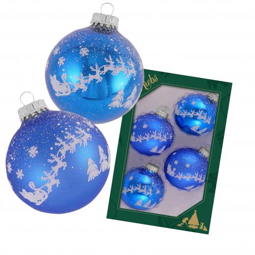 Klassische blau glnzend / matte 7cm Glaskugel mit weiem Druck Santa mit seinen Rentieren