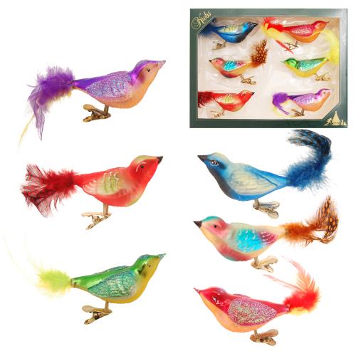 Bunt sortierte 11cm Fantasie-Glasvgel auf Clip 2-fach, mundgeblasen, handbemalt mit 5cm Federschwanz