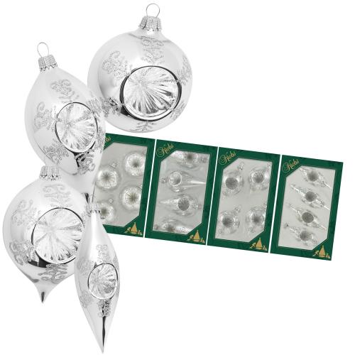 Silber glanz 10cm Reflexformenset aus Glas, mundgeblasen, handbemalt 4-fach sortiert