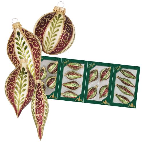 Hellgold glanz 10cm Formenset aus Glas mundgeblasen, handbemalt mit roten Streifen und Blttern, 4-fach sortiert