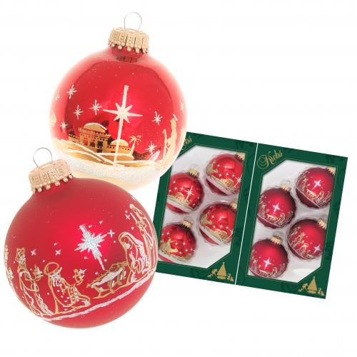 Weihnachtsrot glanz/Satin-Rot, 7cm Glaskugelset Banddekor Heilige Nacht 2-fach