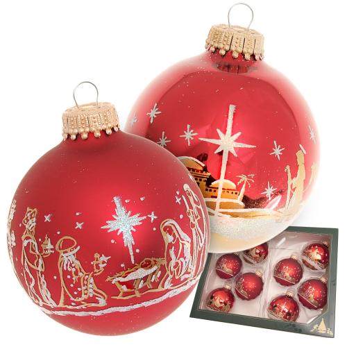 Weihnachtsrot glanz/Satin-Rot, 7cm Glaskugelset Banddekor Heilige Nacht 2-fach