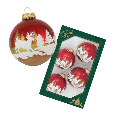 Rot glanz 7cm Glaskugelset Banddekor Winterwald und Elche