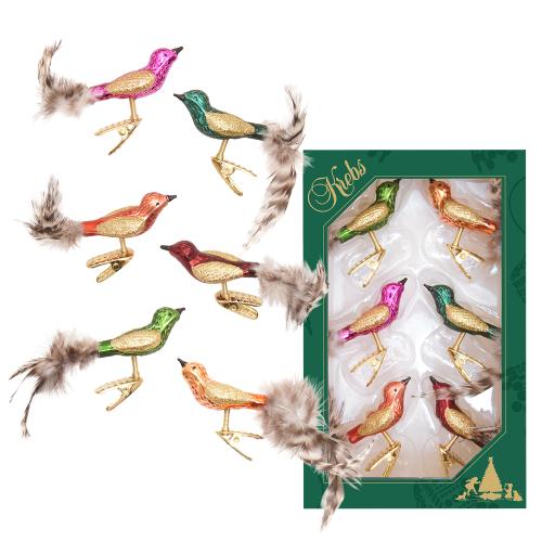 Multicolor 9cm Minivgel aus Glas auf Clip mundgeblasen, handekoriert mit Federschwanz