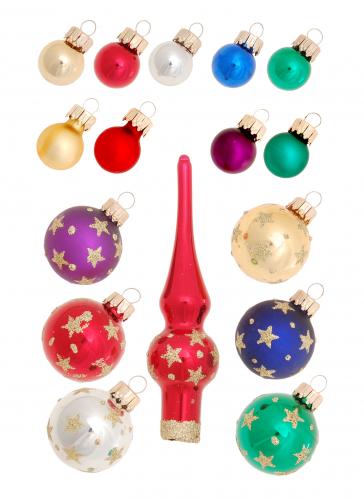 Multicolor Mini-Dekoset, 16tlg., 2cm, 3cm Kugeln, 12cm Spitze, handdekoriert (16)