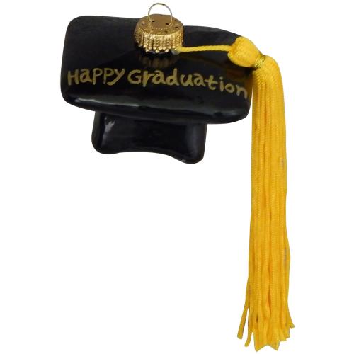 Schwarz/Gold Gratuation Hut mit Stoff-Litze, 6cm, Glasornament, mundgeblasen und handekoriert (1)