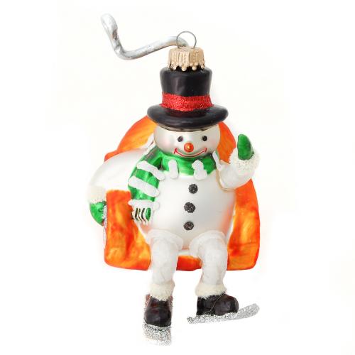 Multicolor 14cm Schneemann im Sessellift mit Skiern, mundgeblasenes Glas, handbemalt (1)