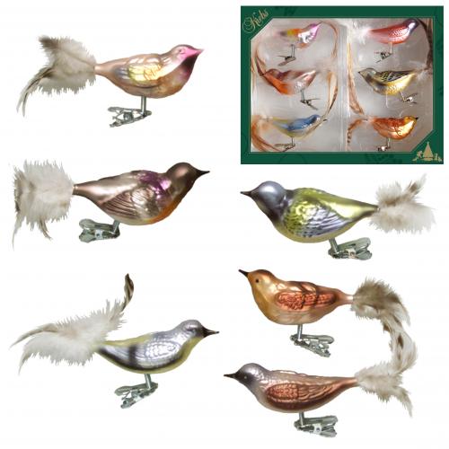 Multicolor Set 11cm Wintervögel aus Glas auf Clip mit 6cm Federschwanz mundgeblasen und handdekoriert, 6-fach sortiert