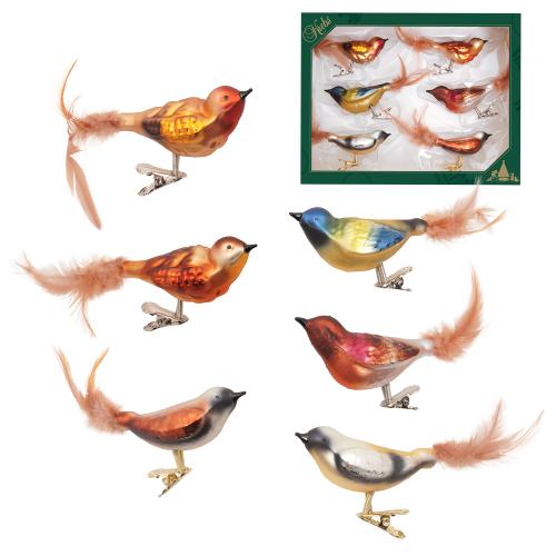Multicolor Set 11cm Wintervgel aus Glas auf Clip mit Federschwanz mundgeblasen und handdekoriert, 6-fach sortiert