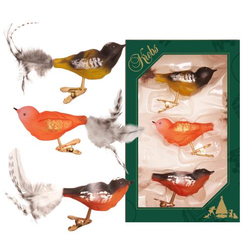 Naturfarbig transparent 11cm Glasvgel auf Clip mit Federschwanz mundgeblasen und handdekoriert, 3-fach sortiert