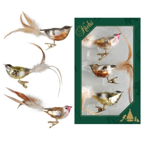 Naturfarbig 11cm Glasvgel auf Clip mit 6cm Federschwanz mundgeblasen und handdekoriert, 3-fach sortiert