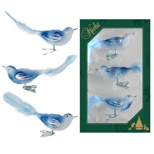 Hellblau/Wei transparent 11cm Glasvgel auf Clip mit 6cm Federschwanz mundgeblasen und handdekoriert, 3-fach sortiert