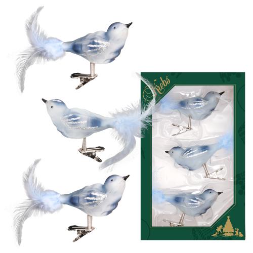 Hellblau/Wei transparent 11cm Glasvgel auf Clip mit Federschwanz mundgeblasen und handdekoriert, 3-fach sortiert