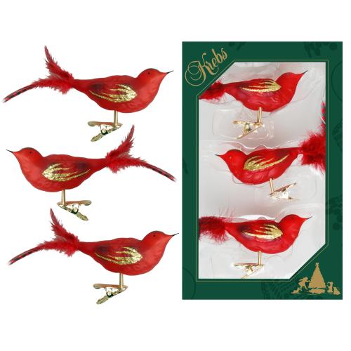 Rot/gold transparent 11cm Glasvgel auf Clip mit 6cm Federschwanz mundgeblasen und handdekoriert, 3-fach sortiert