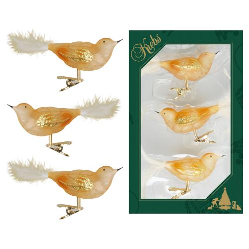 Gold schattiert transparent 11cm Glasvögel auf Clip mit 6cm Federschwanz mundgeblasen und handdekoriert, 3-fach sortiert