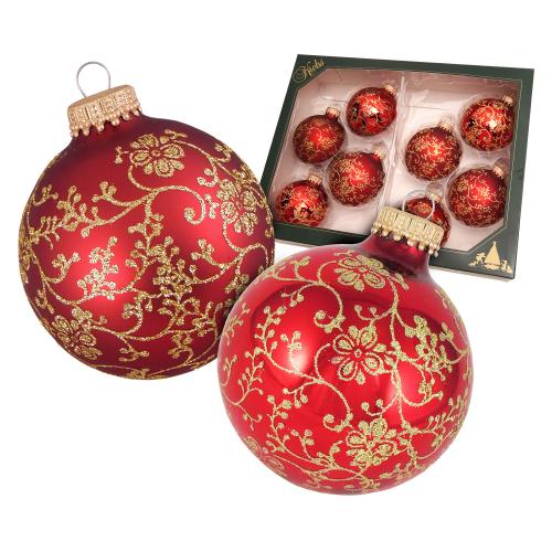Weihnachtsrot glanz/Satin-Rot 7cm Glaskugelset handdekoriert mit Glitterranken 2-fach