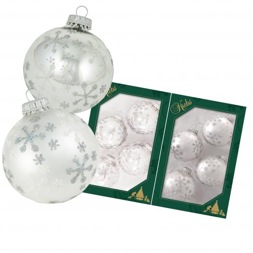 Silber glanz/Silberpearl 7cm Glaskugelset handdekoriert mit Eissternen und wei/silbernen Glitter 2-fach
