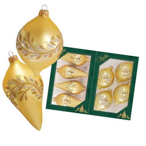 Gold matte 9cm Zwiebelformen und 10cm Tropfenformen aus Glas mundgeblasen und handekoriert mit Blattdesign 2-fach