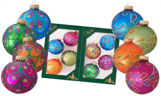 Classic bunte 7cm Glaskugel handdekoriert mit Weinlaub und Glitter 2-fach