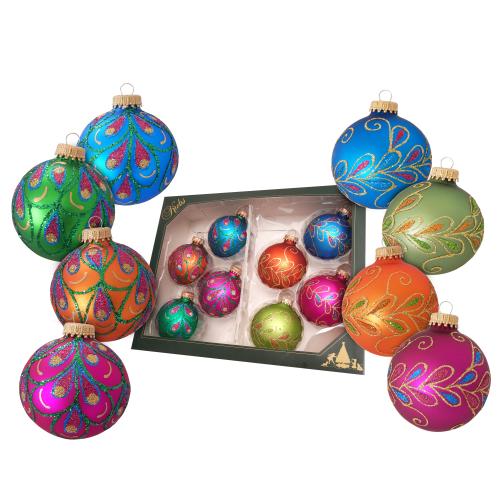 Classic bunte 7cm Glaskugel handdekoriert mit Weinlaub und Glitter 2-fach