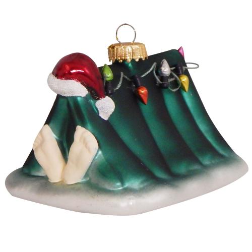 Weihnachtsmann im Zelt mit Lichterkette 9cm, Glasornament, mundgeblasen und handekoriert