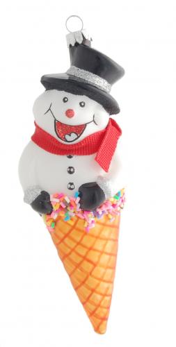 Eistte mit Schneemann 16cm, Glasornament, mundgeblasen und handekoriert