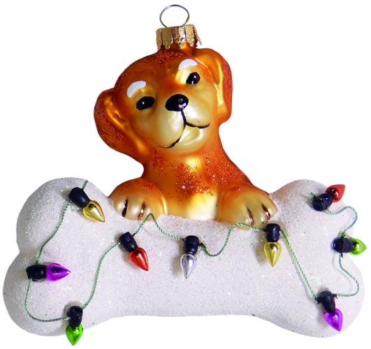 Brauner Hund mit weiem Knochen & Lichtkette 9cm, Glasornament, mundgeblasen und handekoriert