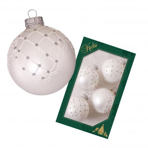 Silberpearl 7cm Glaskugel handdekoriert mit weiem Netz und Punkten