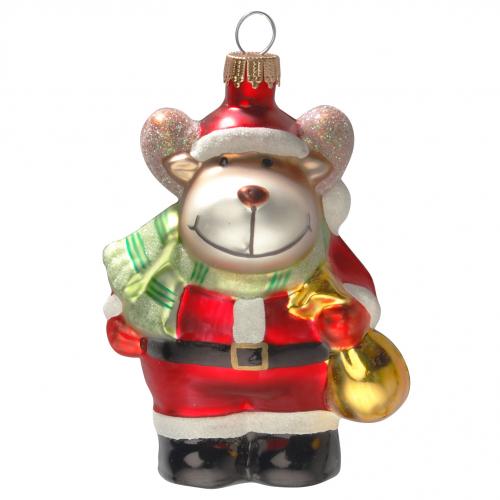 Rentier als Santa 10cm, Glasornament, mundgeblasen und handdekoriert