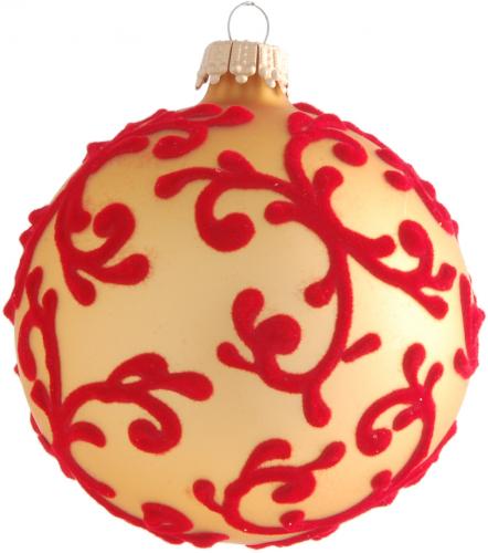 Gold matt 8cm Glaskugel mit Flockdesign rot, mundgeblasen, handdekoriert (1 Stck)