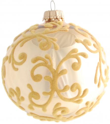 Gold matt 8cm Glaskugel mit Flockdesign gold, mundgeblasen, handdekoriert (1 Stck)