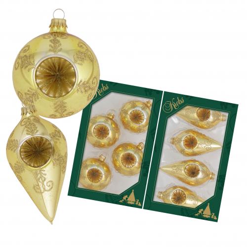 Gold glanz 7cm Reflexkugel und 10cm Reflextropfen aus Glas mundgeblasen und handdekoriert