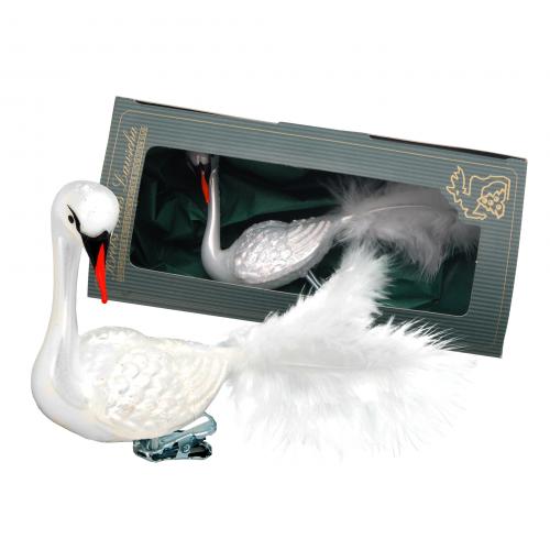 Perlwei dekorierter 9cm Schwan aus Glas auf Clip mit 6cm Federschwanz mundgeblasen und handdekoriert