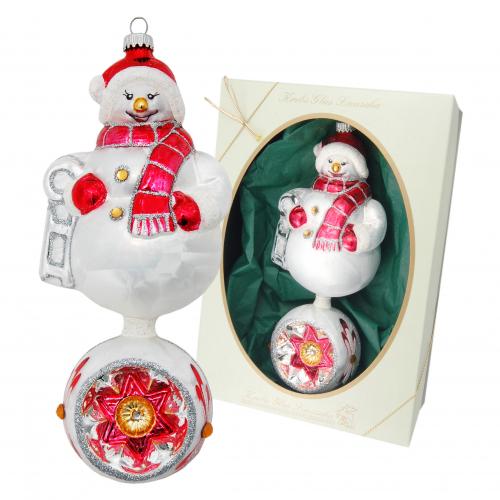 Eiswei/Rot 20cm Doppelform Schneeman mit Reflex, Glasornament, mundgeblasen und handdekoriert