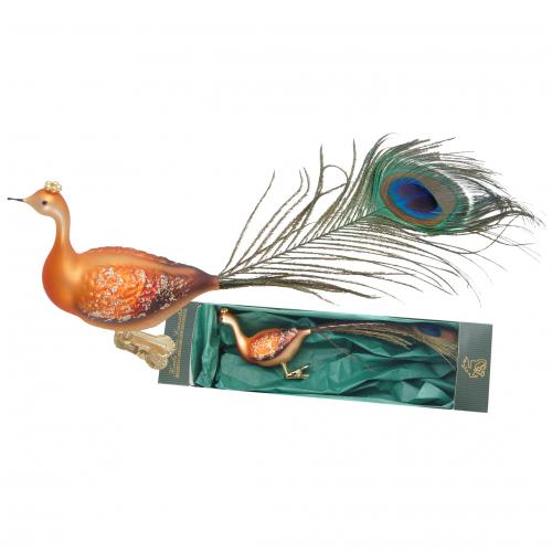 Gold/Orange/Braun Pfau aus Glas auf Clip mit 28cm langer Naturfeder mundgeblasen, handdekoriert