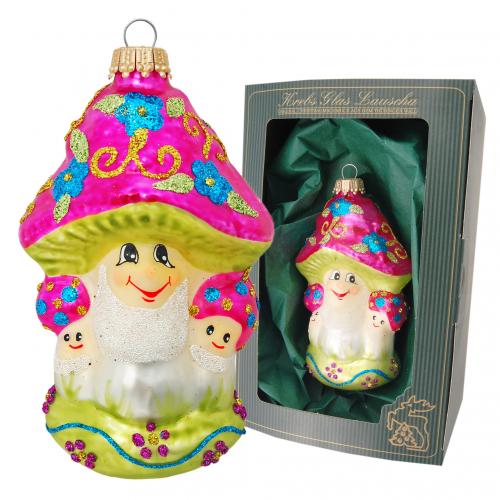 Multicolor 9cm verzauberte Pilzfamilie, Glasornament, mundgeblasen, handbemalt