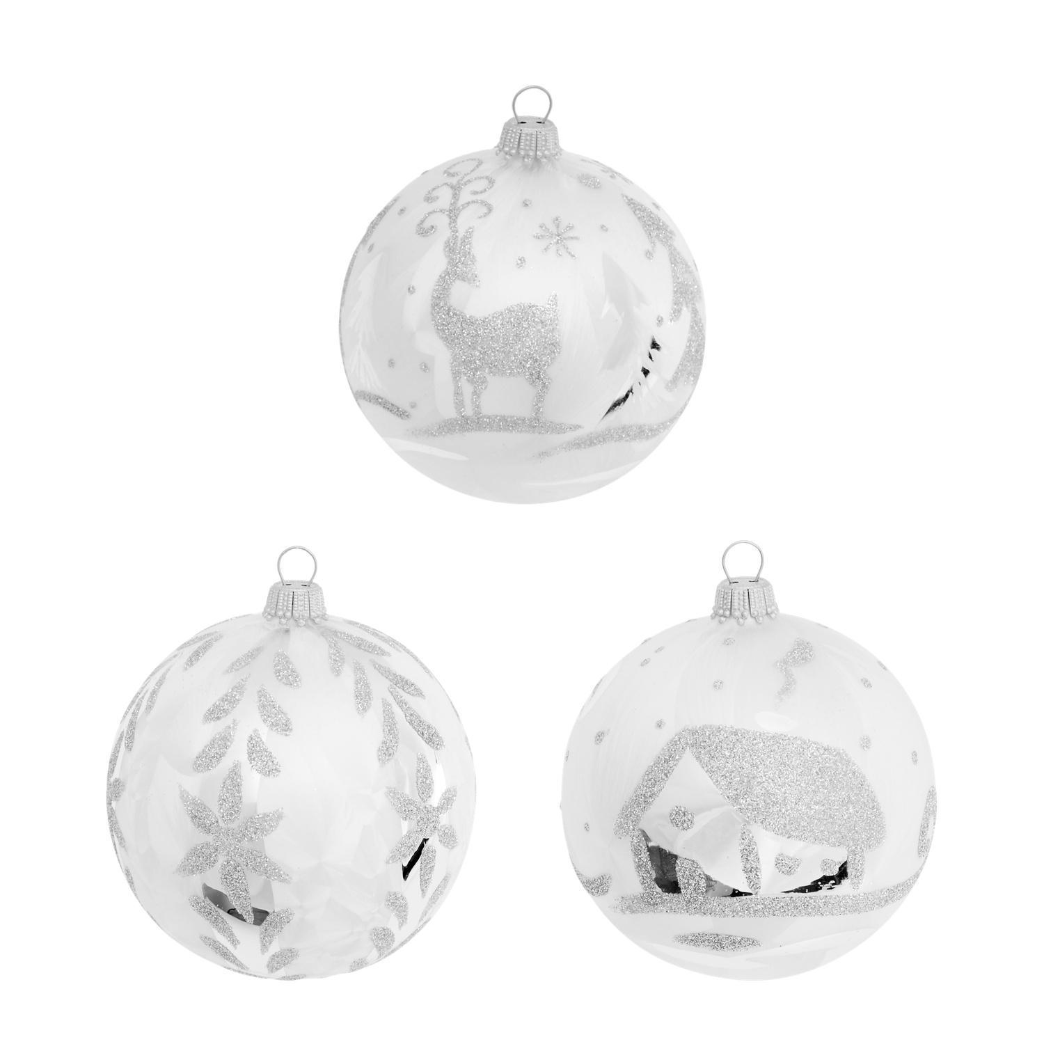 Weihnachtskugeln Set Eislack Winterdorf Silberfarbig 8cm