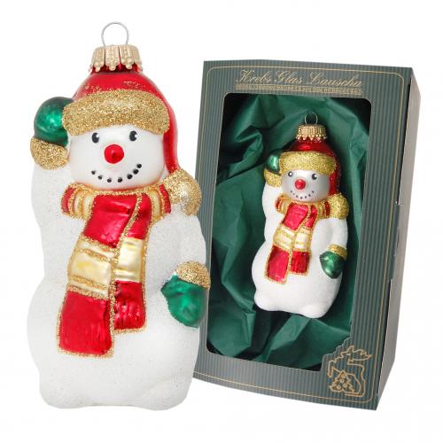 Wei/Rot 12cm Grender Schneemann, Glasornament, mundgeblasen, handbemalt