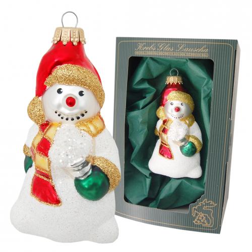 Wei/Rot 12cm Schneemann mit Schneeball, Glasornament, mundgeblasen, handbemalt