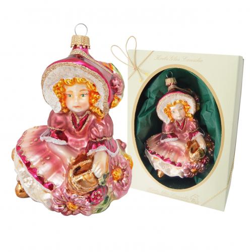 Multicolor 11cm Biedermeier, sitzendes Mdchen, mehrfarbiges Dekor, Glasornament, mundgeblasen und handdekoriert