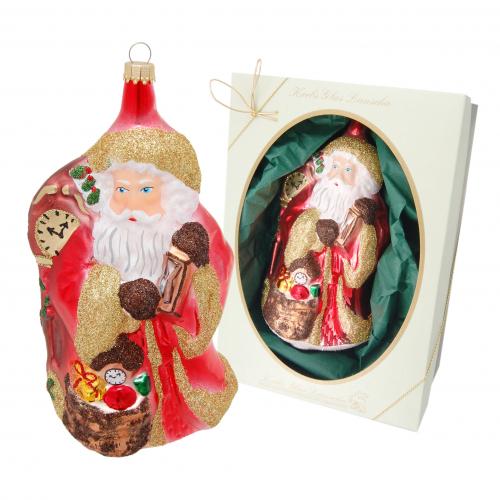 Multicolor 18cm Weihnachtsmann mit Uhr, Glasornament, mundgeblasen und handdekoriert (1)