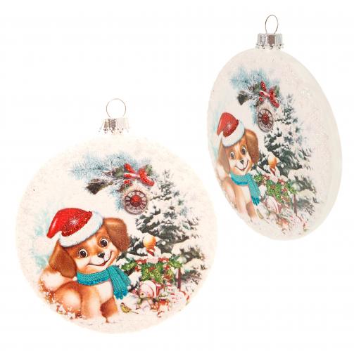 Multicolor 9cm Taler aus Glas, unversilbert, bedruckt und dekoriert mit Baby-Hund mit Weihnachtsmütze, mundgeblasen und handdekoriert