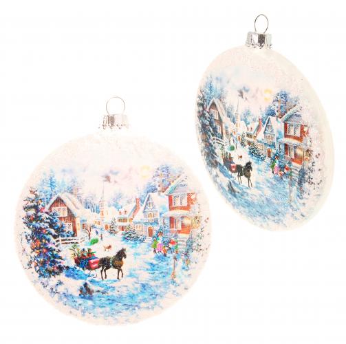 Multicolor 9cm Taler aus Glas, unversilbert, bedruckt und dekoriert mit einer Szene vom verschneiten Dorf, mundgeblasen und handdekoriert