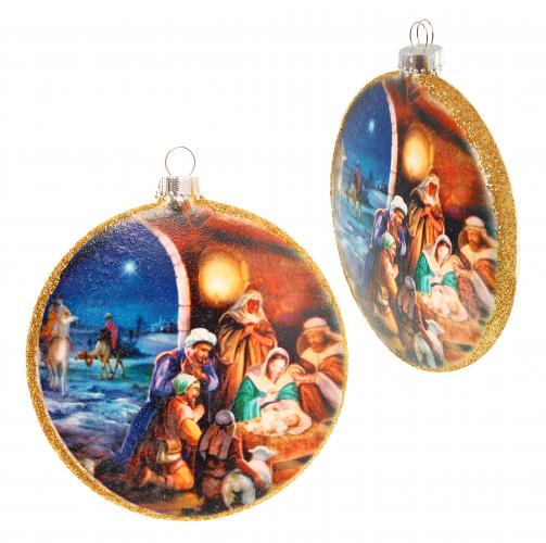 Multicolor 9cm Taler aus Glas bedruckt und dekoriert mit Szene von Christi-Geburt, mundgeblasen und handdekoriert