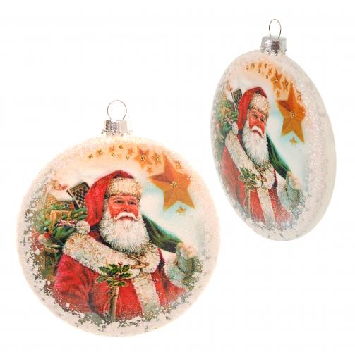 Multicolor 9cm Taler aus Glas bedruckt und dekoriert mit historischem Santa, mundgeblasen und handdekoriert